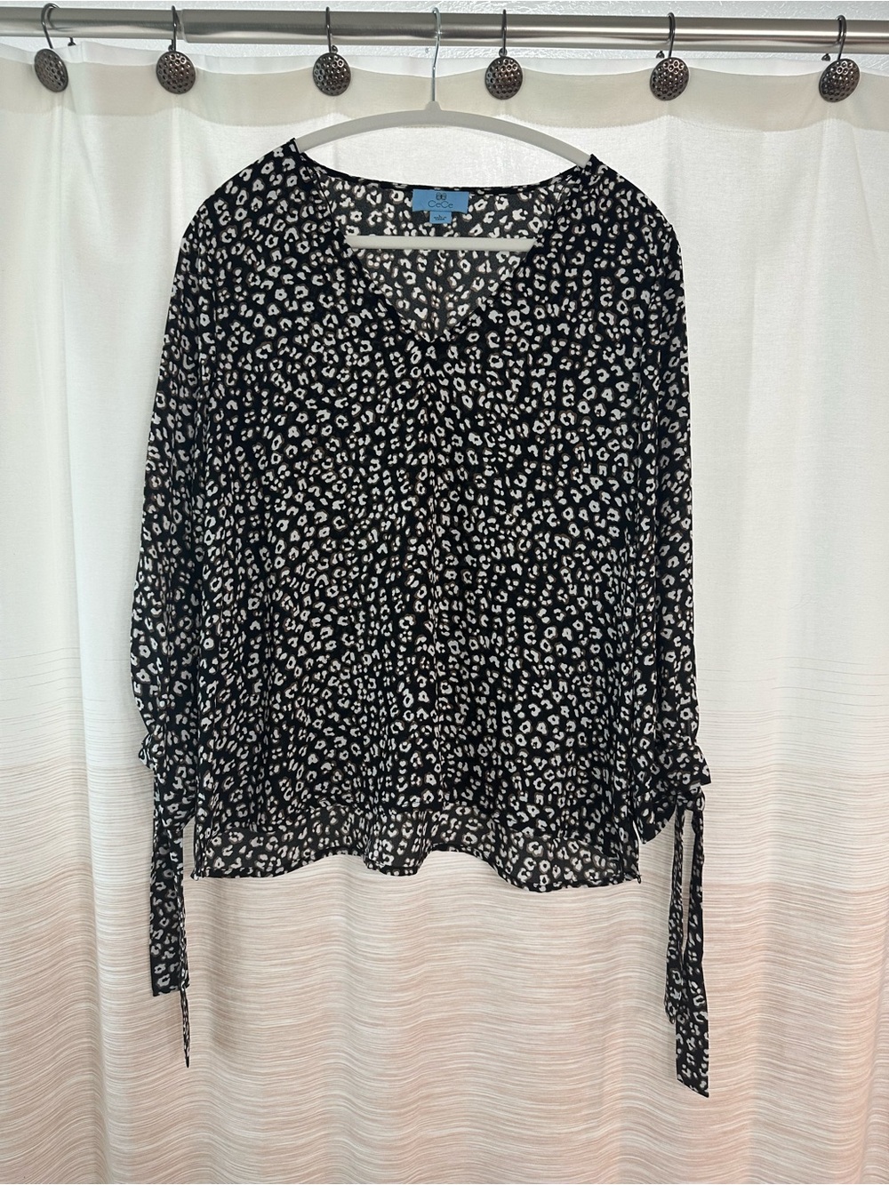 CeCe Black and White Leopard Tie-Sleeve Blouse